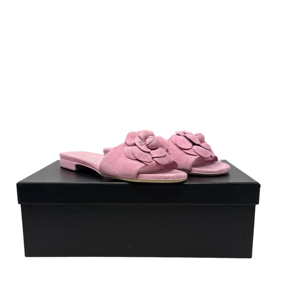 CHANEL Shoes - Chanel Camellia Suede Calfskin CC Flower Pink Slide Sandals Size 37